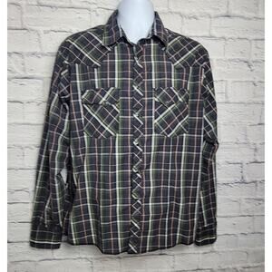 Wrangler Shirt Mens Size Large Plaid Button Down Black Pearl Snaps Long Sleeve